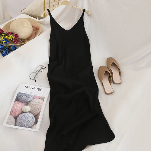 V Neck Solid Knitted Dresses Casual All Match Simple Fashion Korean Women Dress