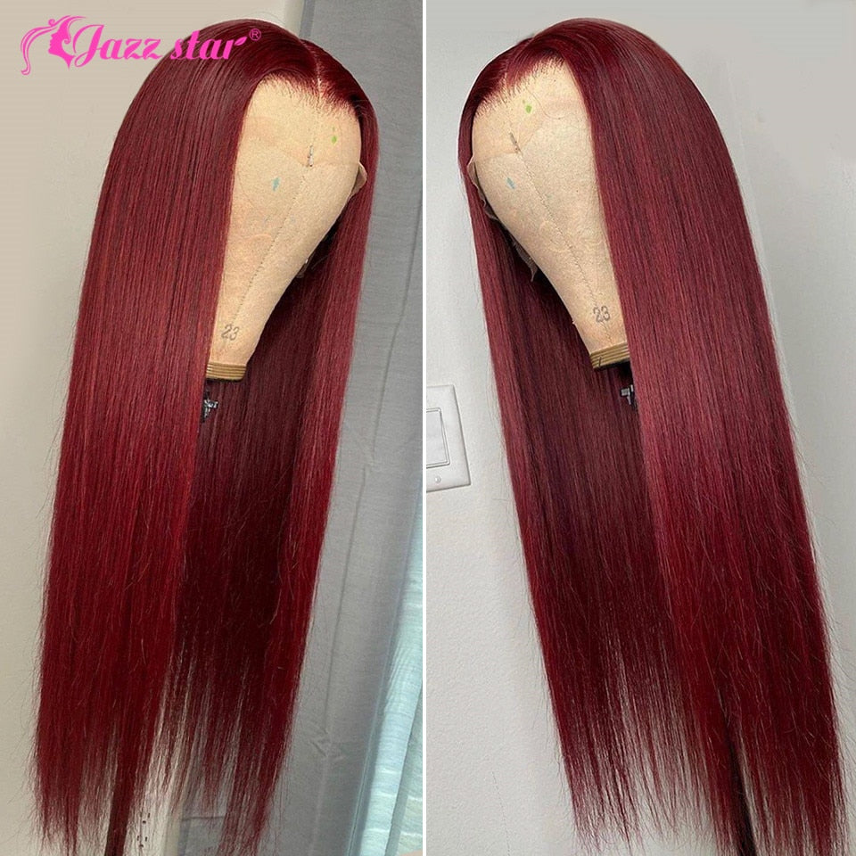 Burgundy 13x4 HD Transparent Lace Front Human Hair Wigs 99J Straight Lace Frontal Wig For Women Pre Plucked Non-Remy Jazz Star