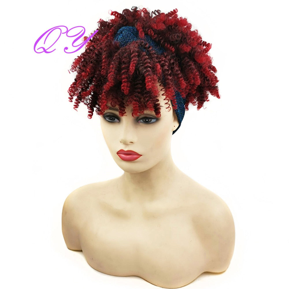 QY Hair Big Afro Kinky Curly Headband Wigs For Women Synthetic Hair Wigs Turban Wrap Hair Style