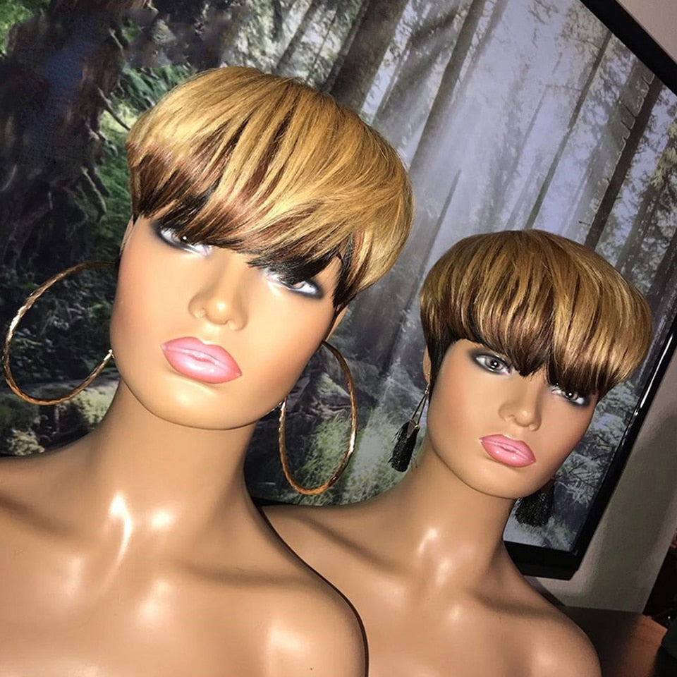 Short Straight Bob Wig 1b/27 Pixie Cut Human Hair Wig With Bangs For Black Women Brazilian Cheap Human Hair Wig Under $50