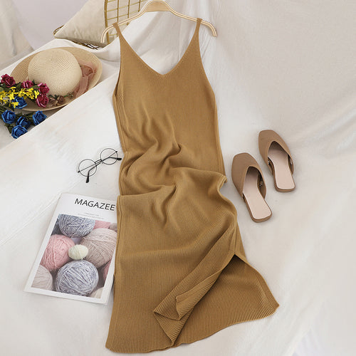 V Neck Solid Knitted Dresses Casual All Match Simple Fashion Korean Women Dress