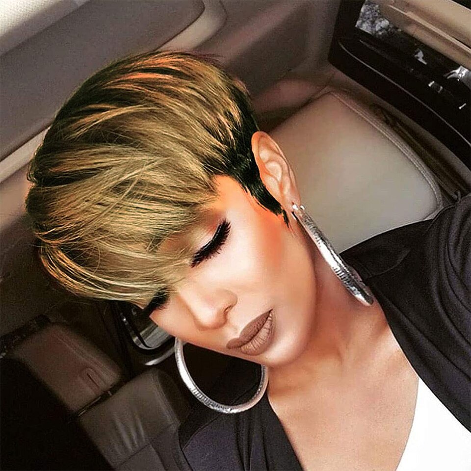 Short Straight Bob Wig 1b/27 Pixie Cut Human Hair Wig With Bangs For Black Women Brazilian Cheap Human Hair Wig Under $50