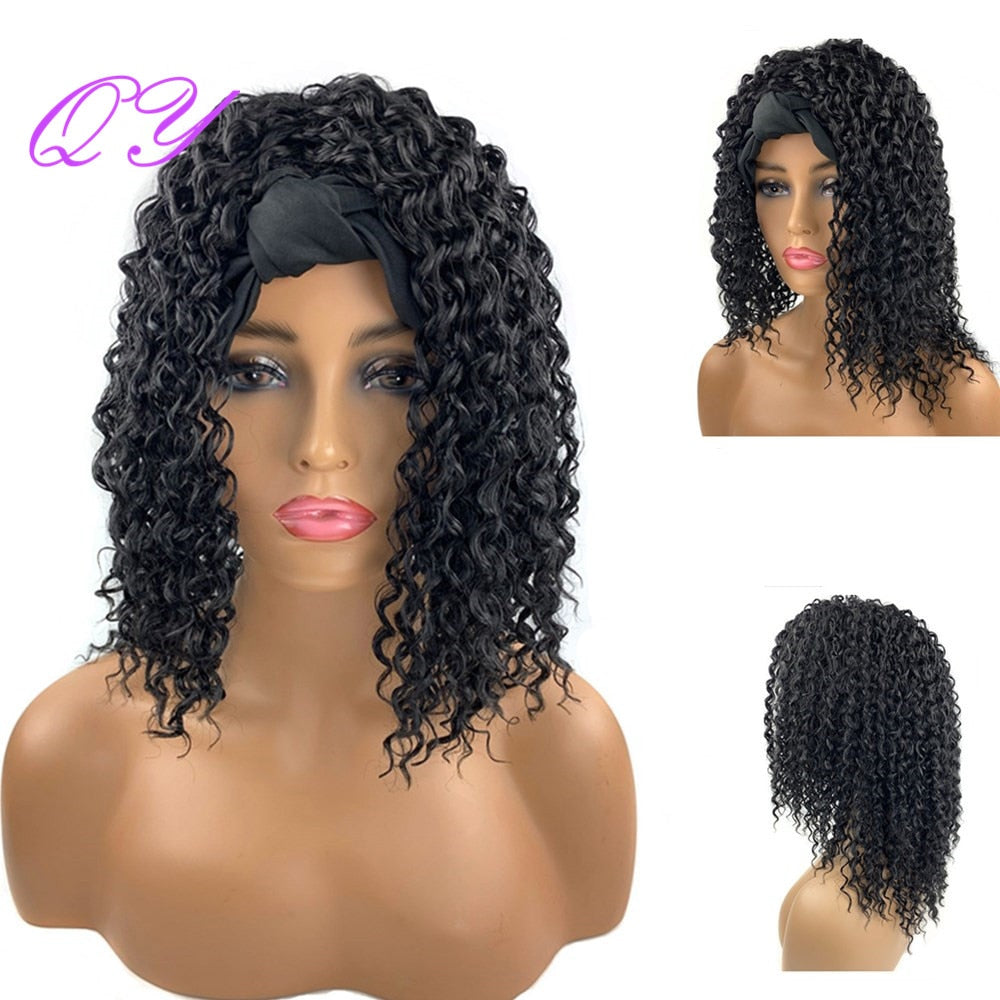 QY Hair Big Afro Kinky Curly Headband Wigs For Women Synthetic Hair Wigs Turban Wrap Hair Style