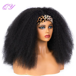 QY Hair Big Afro Kinky Curly Headband Wigs For Women Synthetic Hair Wigs Turban Wrap Hair Style