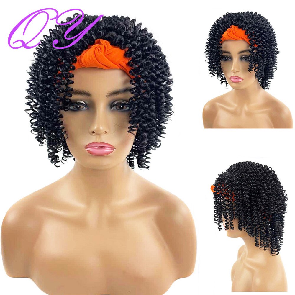 QY Hair Big Afro Kinky Curly Headband Wigs For Women Synthetic Hair Wigs Turban Wrap Hair Style