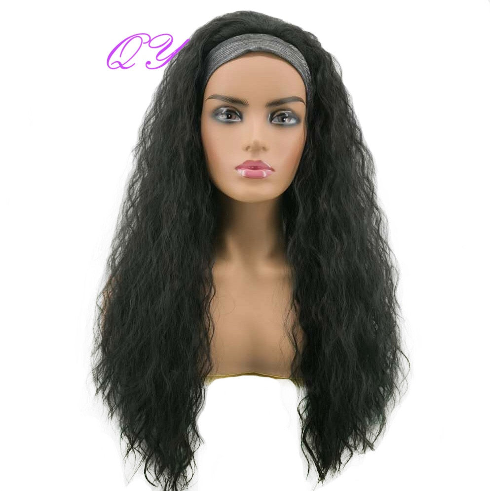 QY Hair Big Afro Kinky Curly Headband Wigs For Women Synthetic Hair Wigs Turban Wrap Hair Style