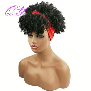 QY Hair Big Afro Kinky Curly Headband Wigs For Women Synthetic Hair Wigs Turban Wrap Hair Style