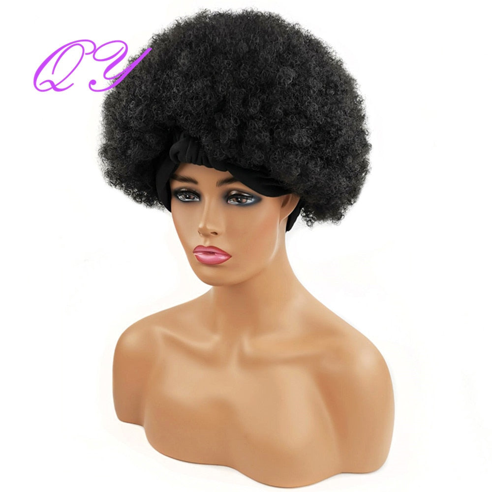 QY Hair Big Afro Kinky Curly Headband Wigs For Women Synthetic Hair Wigs Turban Wrap Hair Style