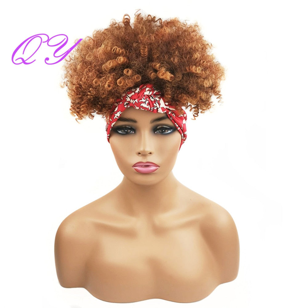 QY Hair Big Afro Kinky Curly Headband Wigs For Women Synthetic Hair Wigs Turban Wrap Hair Style