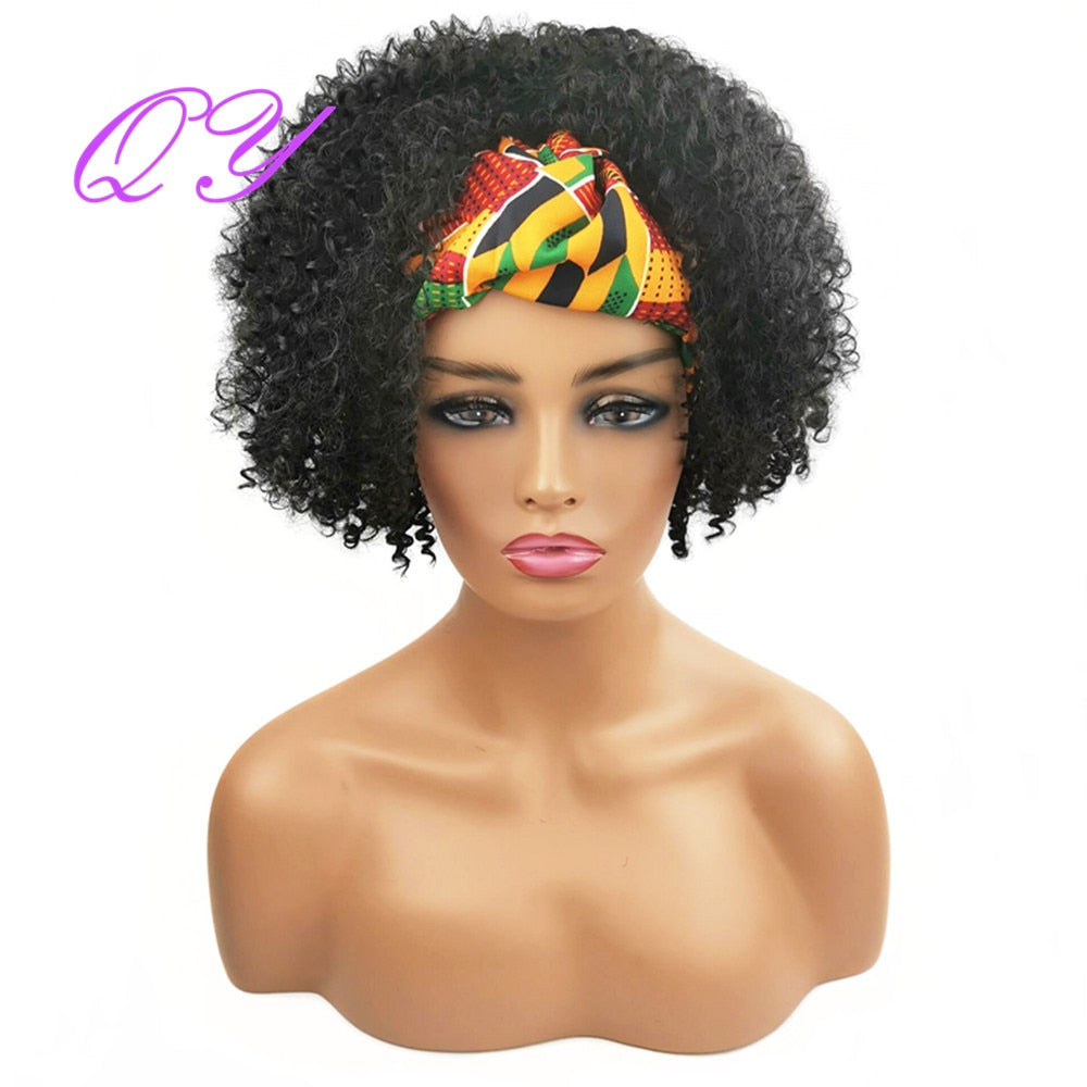 QY Hair Big Afro Kinky Curly Headband Wigs For Women Synthetic Hair Wigs Turban Wrap Hair Style