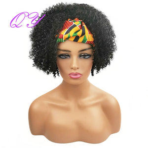 QY Hair Big Afro Kinky Curly Headband Wigs For Women Synthetic Hair Wigs Turban Wrap Hair Style