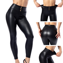 Load image into Gallery viewer, Everbellus Women Sexy Faux Leather Leggings with Button High Waist Thin &amp; Thick Push Up Solid Black Slim PU Leggins Plus Size

