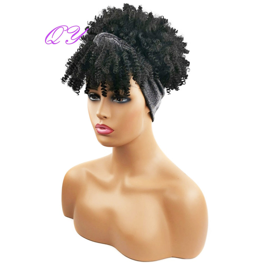 QY Hair Big Afro Kinky Curly Headband Wigs For Women Synthetic Hair Wigs Turban Wrap Hair Style