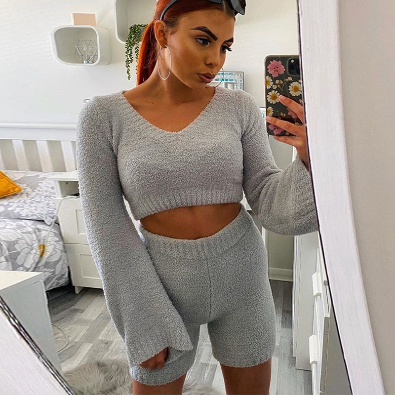 Casual Two Piece Sets Flare Sleeve Sweatshirts 2 Piece Shorts Set Sexy Fluffy Suits Lounge Set