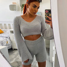 Load image into Gallery viewer, Casual Two Piece Sets Flare Sleeve Sweatshirts 2 Piece Shorts Set Sexy Fluffy Suits Lounge Set
