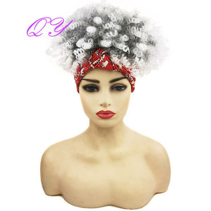 QY Hair Big Afro Kinky Curly Headband Wigs For Women Synthetic Hair Wigs Turban Wrap Hair Style