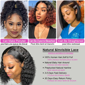 Nicelight Brazilian Water Wave Lace Front Wigs Remy Pre-Plucked Curly Lace Frontal Wigs Human Hair Wet And Wavy Short Bob Wigs