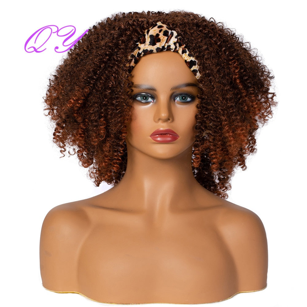 QY Hair Big Afro Kinky Curly Headband Wigs For Women Synthetic Hair Wigs Turban Wrap Hair Style