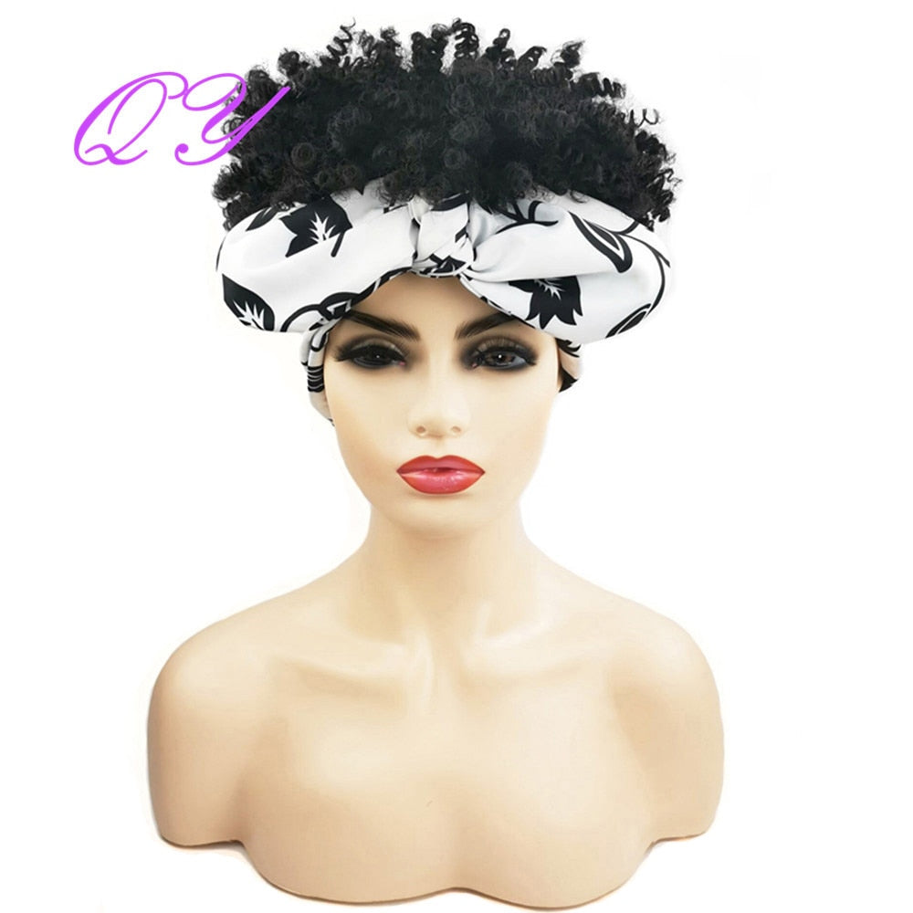 QY Hair Big Afro Kinky Curly Headband Wigs For Women Synthetic Hair Wigs Turban Wrap Hair Style