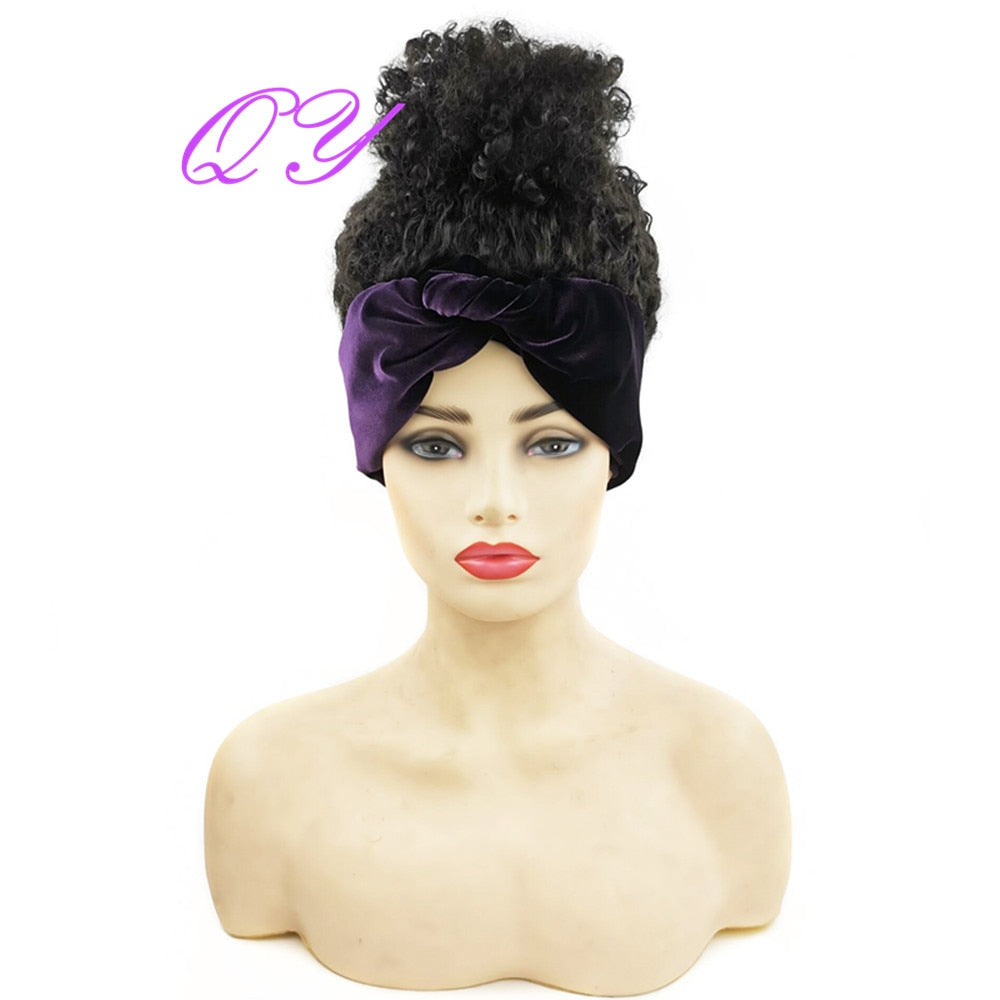 QY Hair Big Afro Kinky Curly Headband Wigs For Women Synthetic Hair Wigs Turban Wrap Hair Style