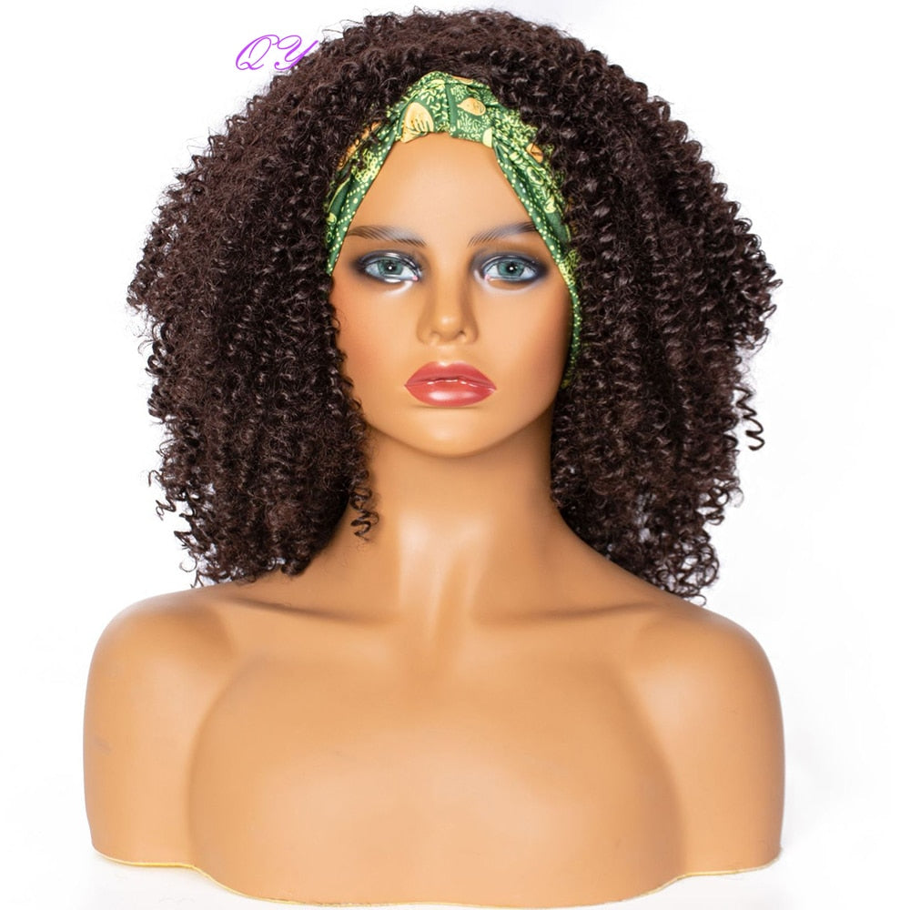 QY Hair Big Afro Kinky Curly Headband Wigs For Women Synthetic Hair Wigs Turban Wrap Hair Style