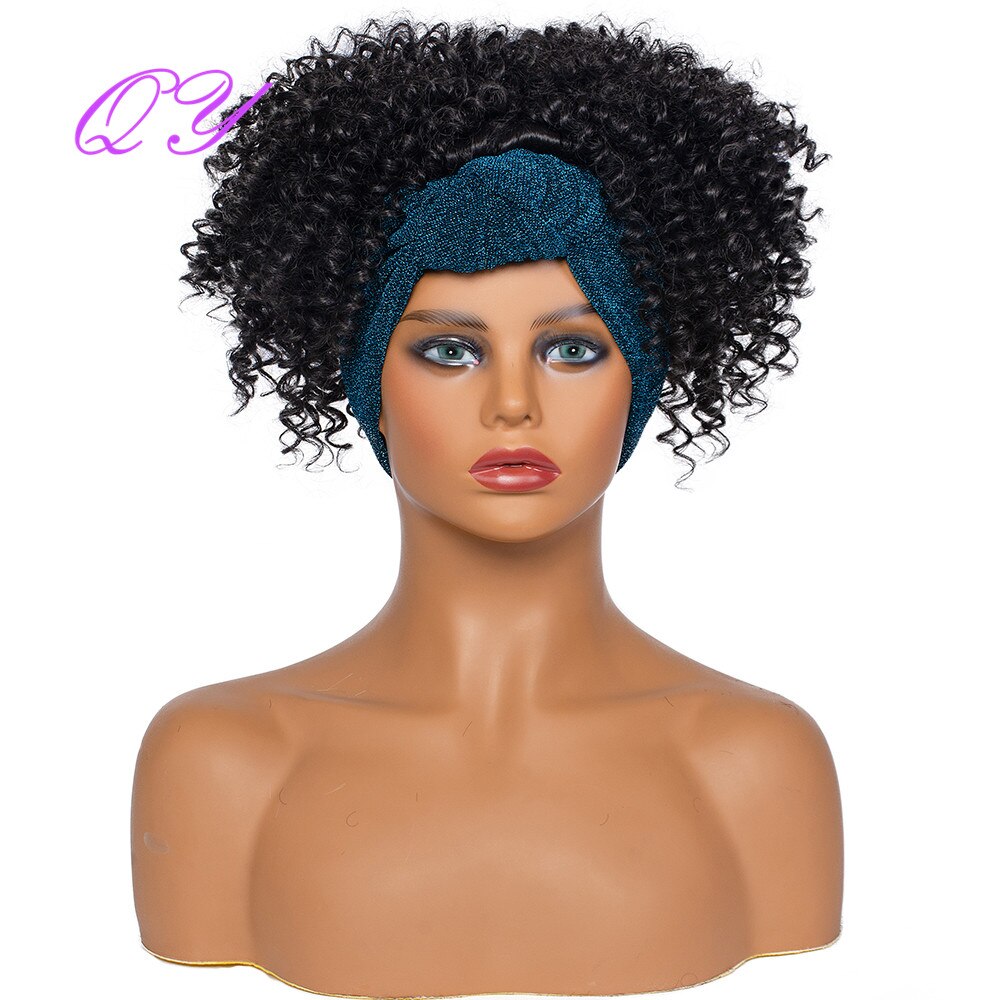 QY Hair Big Afro Kinky Curly Headband Wigs For Women Synthetic Hair Wigs Turban Wrap Hair Style