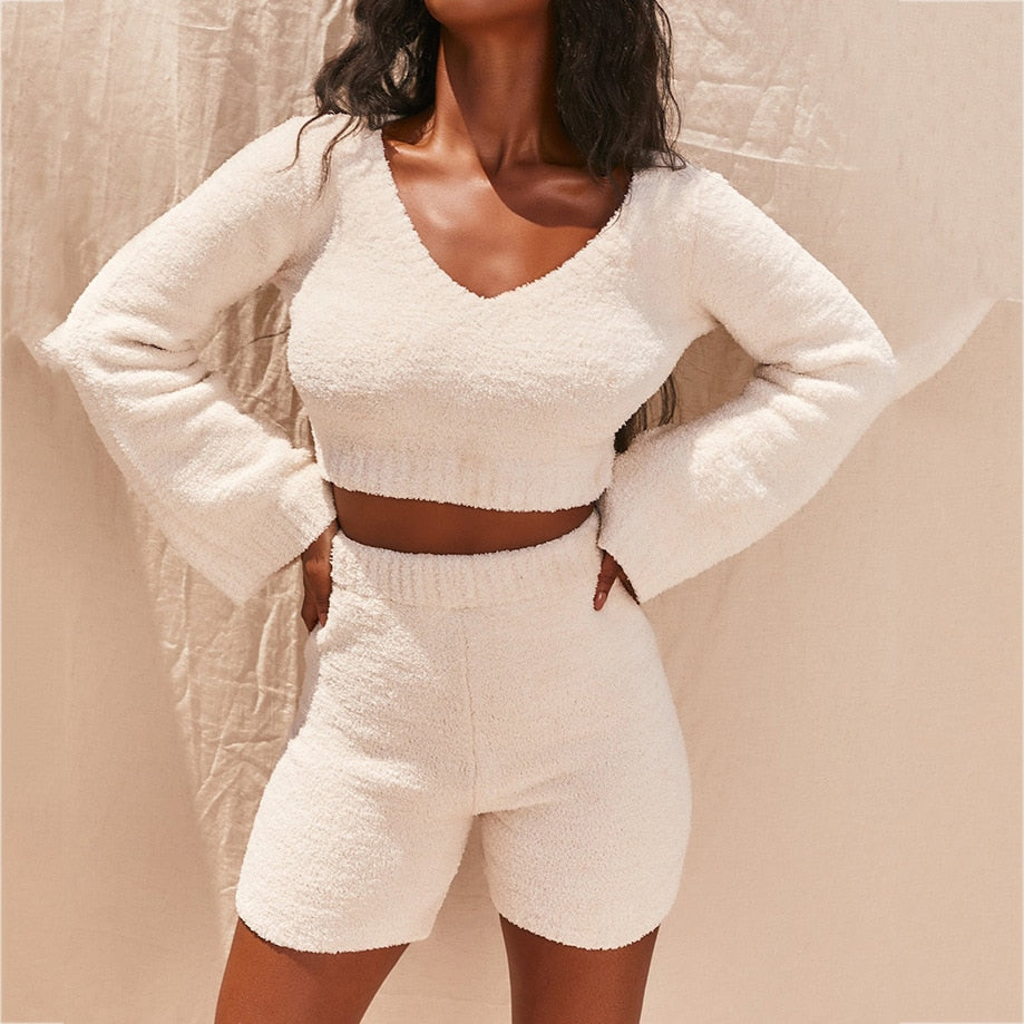 Casual Two Piece Sets Flare Sleeve Sweatshirts 2 Piece Shorts Set Sexy Fluffy Suits Lounge Set