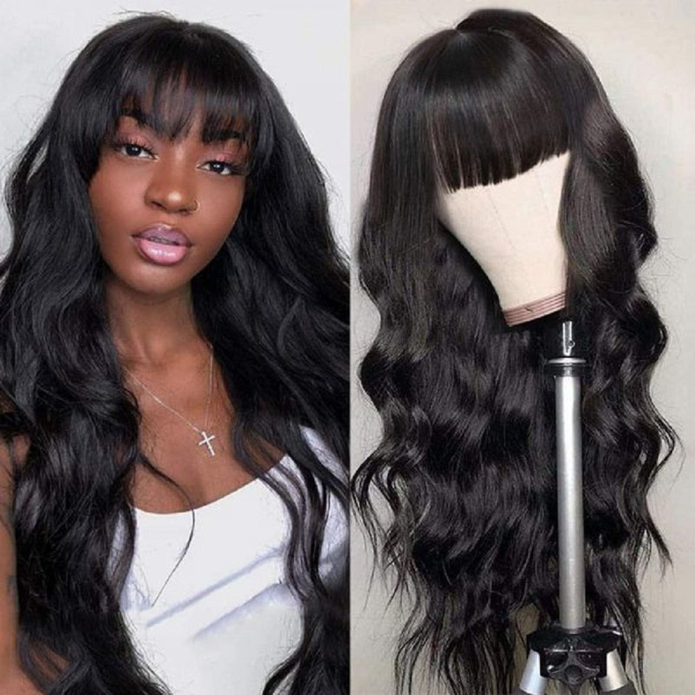 Human Hair Wigs With Bangs Full Machine Made Wig Brazilian Body Wave Wigs Natural Human Hair Wigs For Black Women Glueless Remy