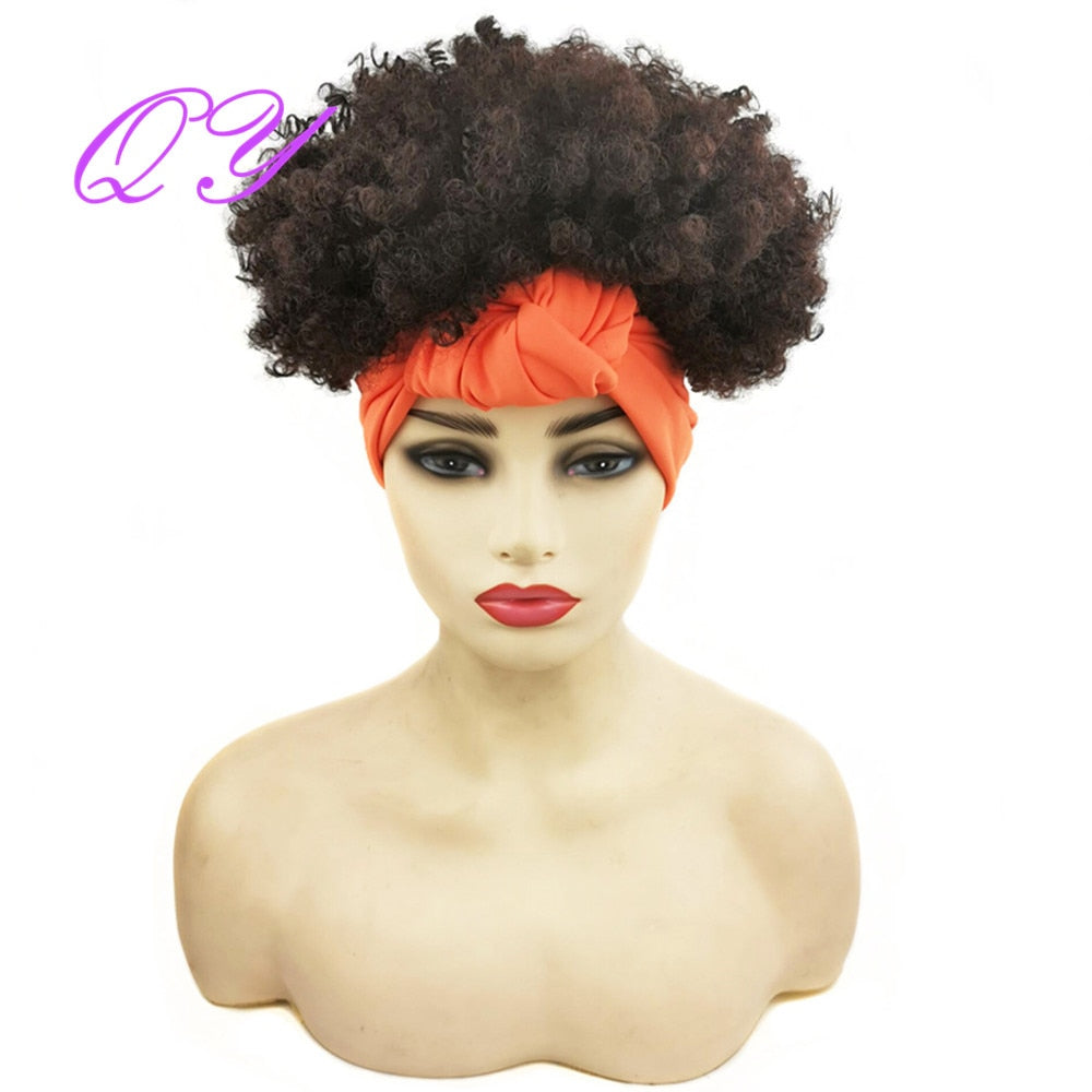 QY Hair Big Afro Kinky Curly Headband Wigs For Women Synthetic Hair Wigs Turban Wrap Hair Style