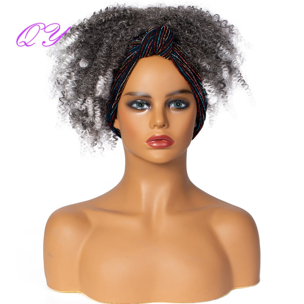 QY Hair Big Afro Kinky Curly Headband Wigs For Women Synthetic Hair Wigs Turban Wrap Hair Style