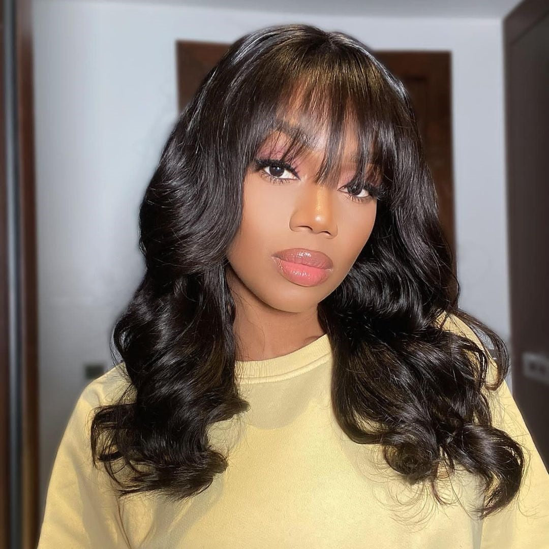 Human Hair Wigs With Bangs Full Machine Made Wig Brazilian Body Wave Wigs Natural Human Hair Wigs For Black Women Glueless Remy