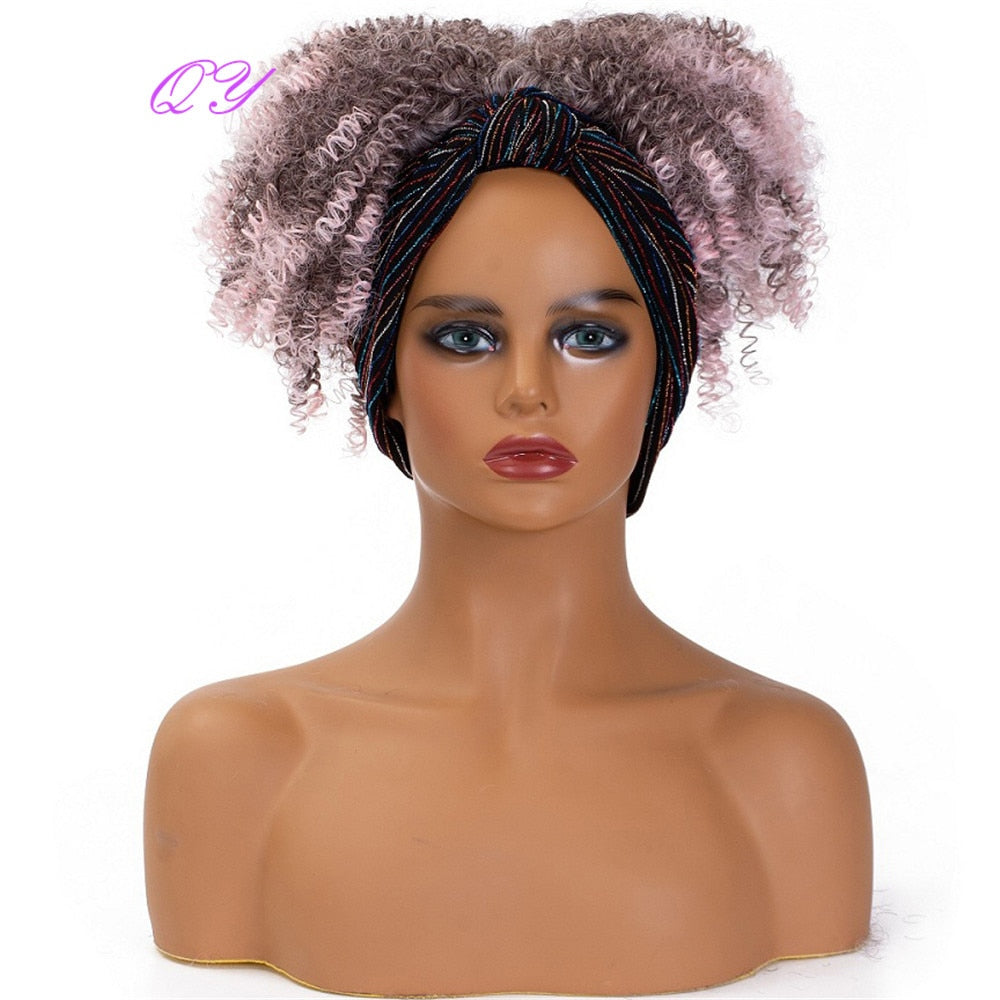 QY Hair Big Afro Kinky Curly Headband Wigs For Women Synthetic Hair Wigs Turban Wrap Hair Style