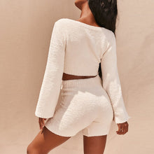 Load image into Gallery viewer, Casual Two Piece Sets Flare Sleeve Sweatshirts 2 Piece Shorts Set Sexy Fluffy Suits Lounge Set
