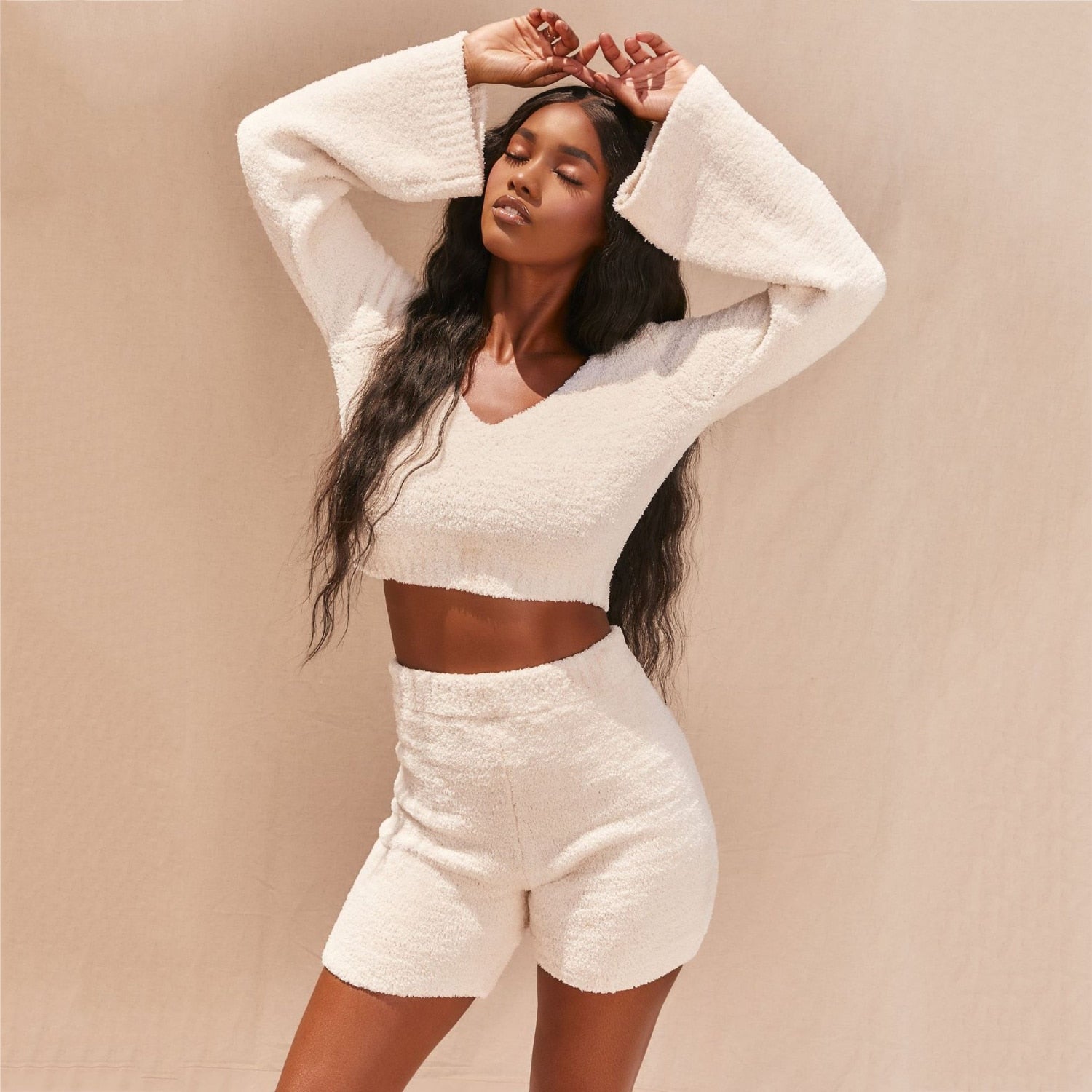 Casual Two Piece Sets Flare Sleeve Sweatshirts 2 Piece Shorts Set Sexy Fluffy Suits Lounge Set