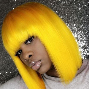 Glueless Short Human Hair Wigs With Bangs BEAUDIVA doheroine Blonde Yellow Purple Brazilian Straight Hair Blonde Short Bob Wigs