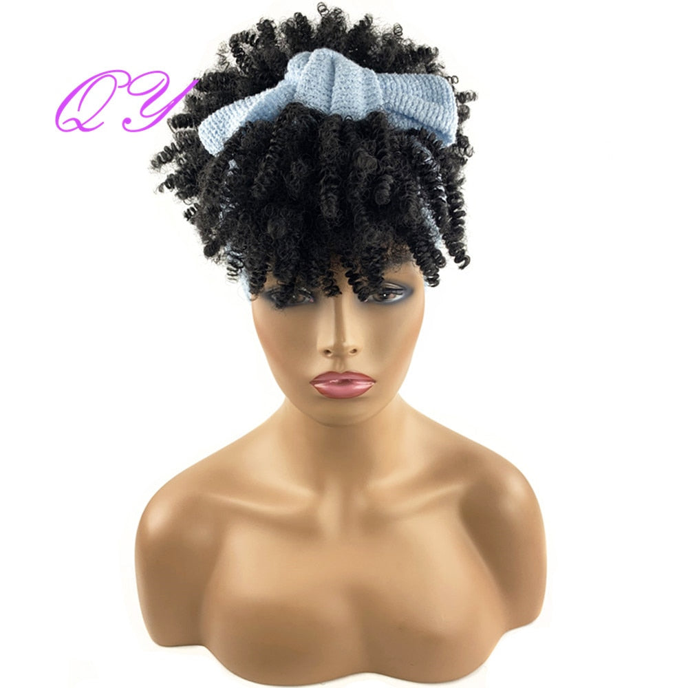 QY Hair Big Afro Kinky Curly Headband Wigs For Women Synthetic Hair Wigs Turban Wrap Hair Style