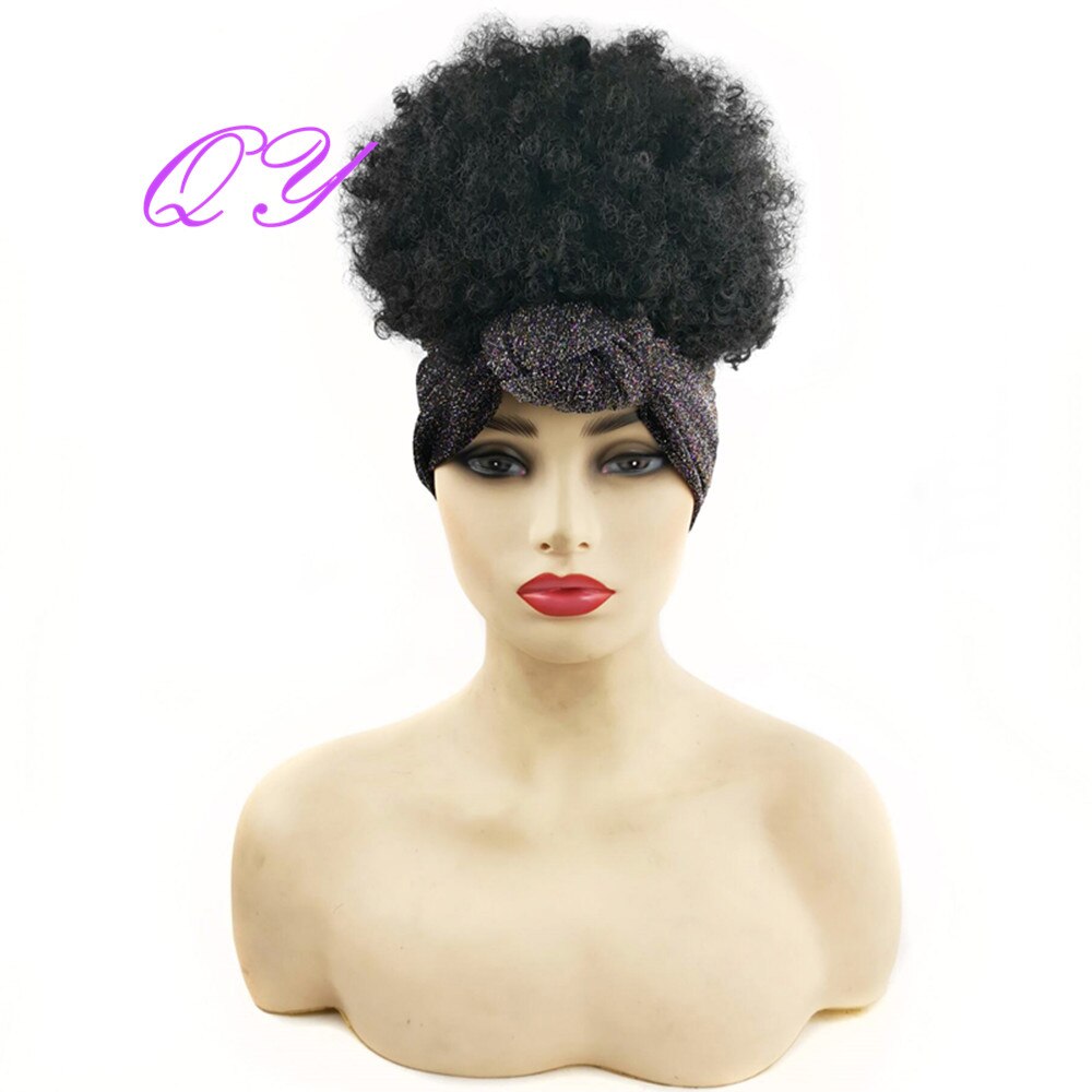 QY Hair Big Afro Kinky Curly Headband Wigs For Women Synthetic Hair Wigs Turban Wrap Hair Style