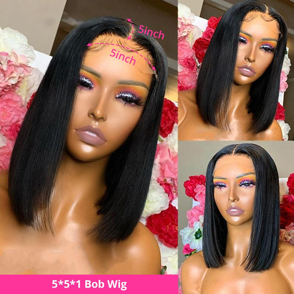 Short Bob Wig Bone Straight Human Hair Wigs for Black Women Pre-Plucked Wigs 5x5x1 Closure Wig Malaysian Lace Wigs 180% Density