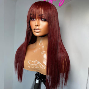 99J Burgundy Red Human Hair Wig With Bangs For Women Straight Remy Bang Wig Human Hair Full Machine Made Colored Human Hair Wigs