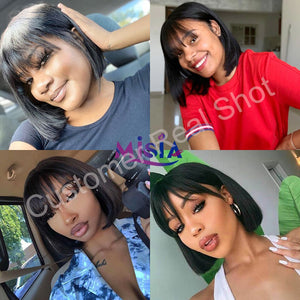 MISIA Straight Bob Human Hair Wigs With Bang Full Machine Made Wigs Brazilian Remy Human Hair Bob Wigs For Woman 14 inch