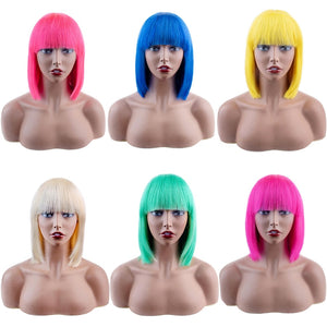 Glueless Short Human Hair Wigs With Bangs BEAUDIVA doheroine Blonde Yellow Purple Brazilian Straight Hair Blonde Short Bob Wigs