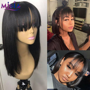 MISIA Straight Bob Human Hair Wigs With Bang Full Machine Made Wigs Brazilian Remy Human Hair Bob Wigs For Woman 14 inch