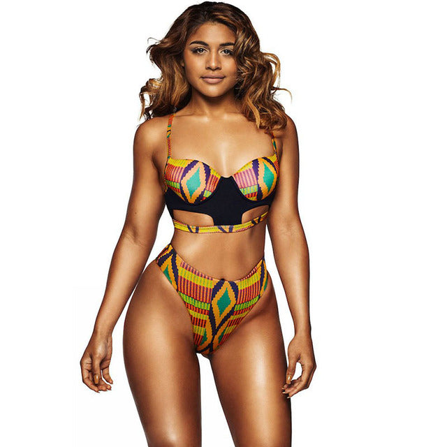 African Tribal Print Swimsuit Women High Waist Thong Bottoms Swimwear Female 2 Pieces Bathing Suits Padded Bikini