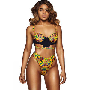 African Tribal Print Swimsuit Women High Waist Thong Bottoms Swimwear Female 2 Pieces Bathing Suits Padded Bikini