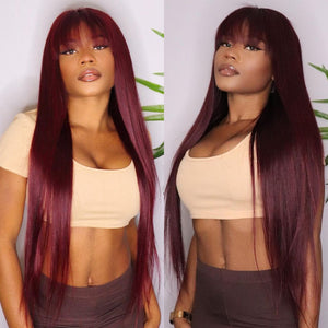 99J Burgundy Red Human Hair Wig With Bangs For Women Straight Remy Bang Wig Human Hair Full Machine Made Colored Human Hair Wigs