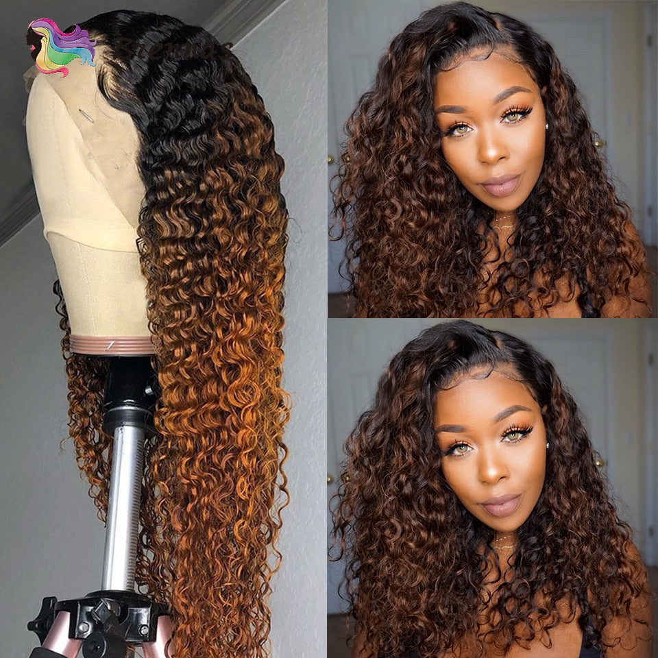 Ombre Curly Lace Front Human Hair Wigs For Women Bleached Knots Density180 Preplucked 13x4 Brazilian Hair Curly Lace Frontal Wig