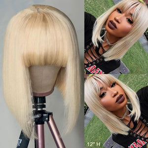 Glueless Short Human Hair Wigs With Bangs BEAUDIVA doheroine Blonde Yellow Purple Brazilian Straight Hair Blonde Short Bob Wigs