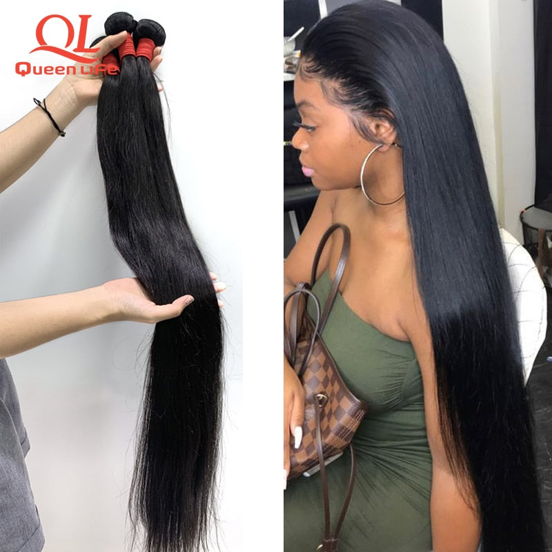 Queenlife 28 30 32 34 36 38 40 inch Straight Hair Bundles Peruvian Hair Bundles Remy Human Hair Weave Silky Hair 1/3/4 pieces - Bianca's hair and beauty supply