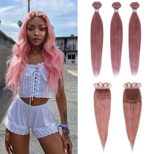 Beumax Bundles With Closure Straight Pink Blonde Human Hair Bundles - Bianca's hair and beauty supply