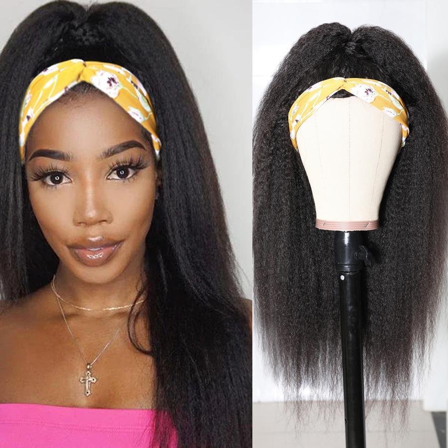 Scarf Wig Kinky Straight Human Hair Wigs Headband Wig - Bianca's hair and beauty supply